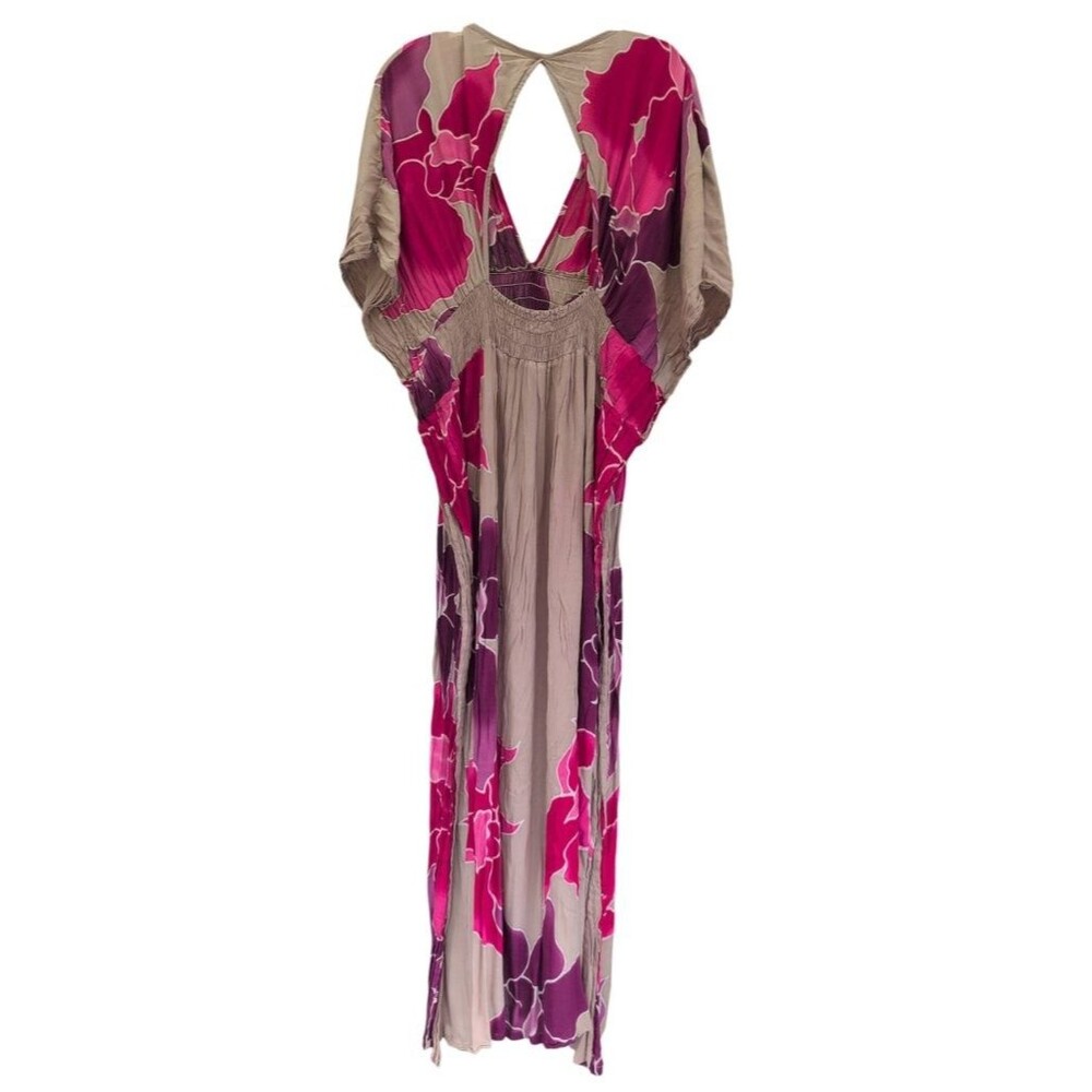 INDAH Floral Rayon Maxi Kaftan Resort Dress SM Open Back Smocked Waist Taupe